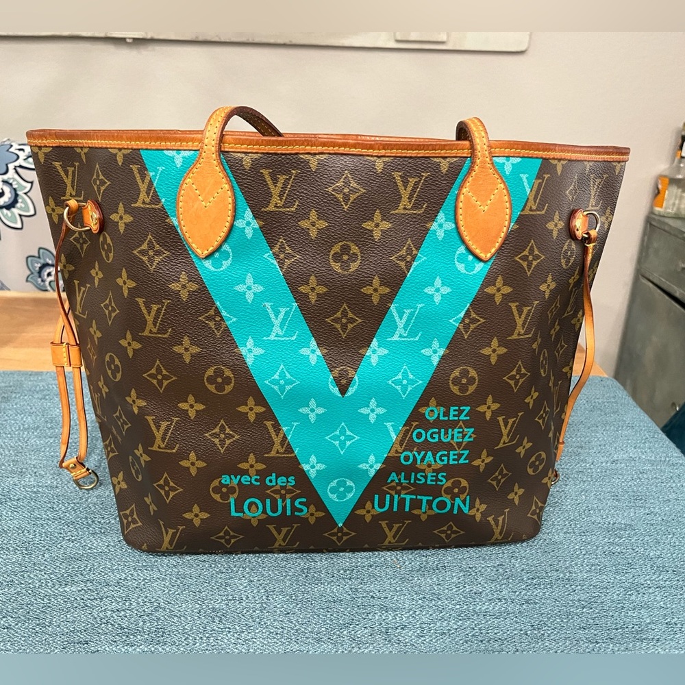 Louis Vuitton Brown Monogram Tote with Turquoise V Print
